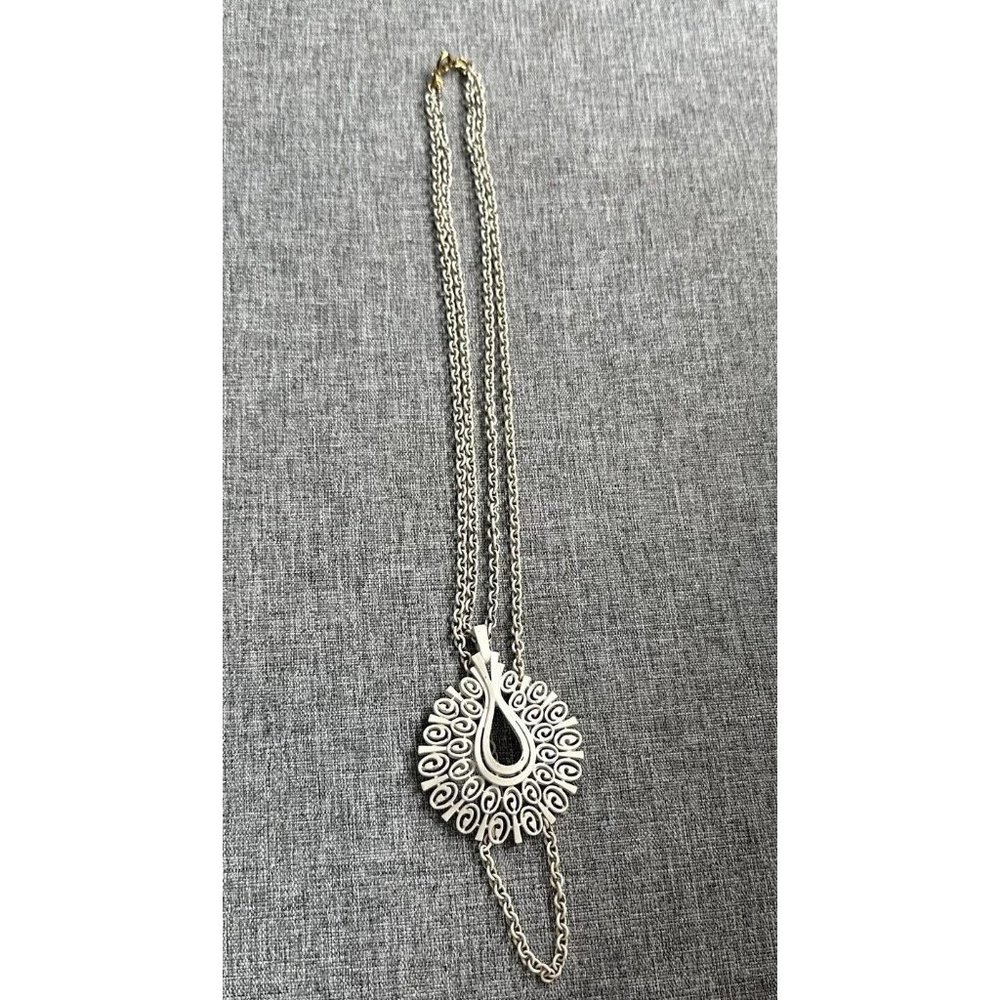 Crown Trifari Double Strand White Enamel Necklace Large Pendant Teardrop
